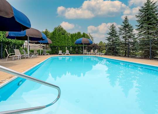 A large swimming pool surrounded by trees and umbrellas.