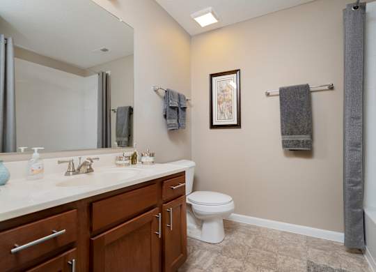 A bathroom with a toilet, sink, and mirror.