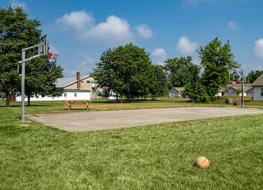 A basketball court with a ball on the ground and a basketball hoop on the left.