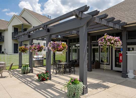 A patio with a pergola and flowers in pots.