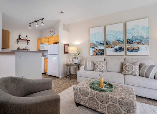 A living room with a grey armchair, a white sofa, and a coffee table with a glass top.