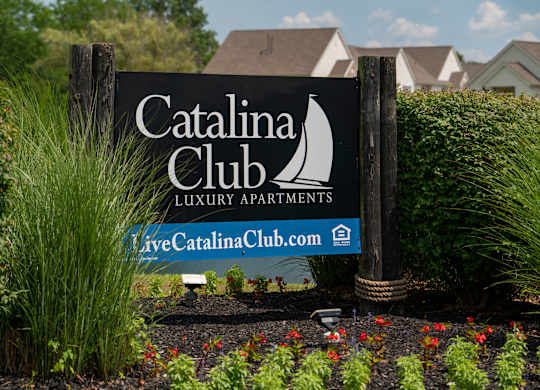 A sign for the Catalina Club Luxury Apartments is displayed in front of some greenery.