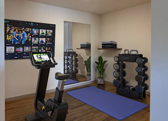 A room with a treadmill and a blue yoga mat.