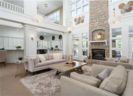 Bright white living room with couches, a coffee table, and natural lighting
