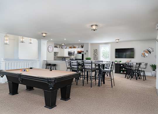 Game room with a pool table, lounge chairs, and a TV entertainment setup