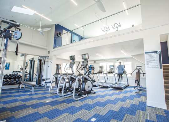 A gym with a variety of equipment including treadmills, weights, and exercise machines.