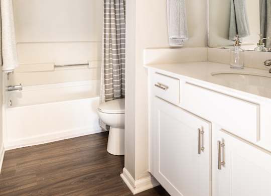 A bathroom equipped with a white vanity with a mirror, a white tub, and hardwood flooring.