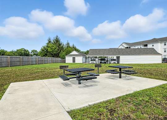 Picnic tables are set up on a concrete slab in a park.