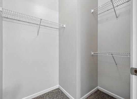 A white closet with two shelves and a carpeted floor.