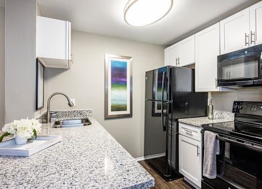 The Oaks kitchen with black appliances, white cabinets, and stylish decor.