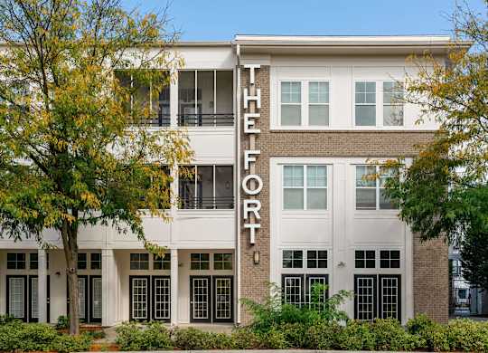 The front of a building with the word