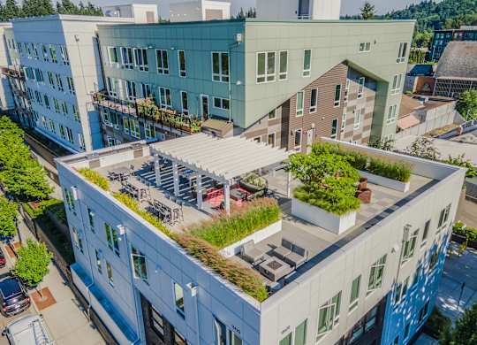 outdoor lounge seen from aerial view, northwest