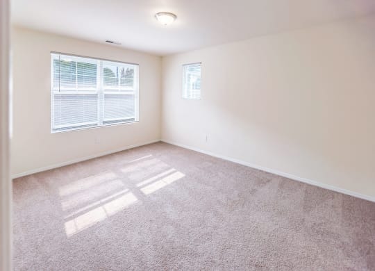 an empty living room with a window and carpet