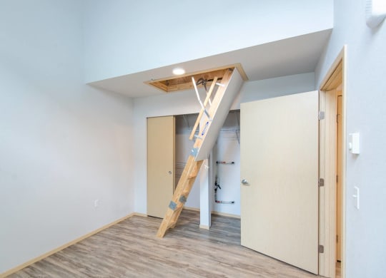 a loft with a ladder in a room with a door