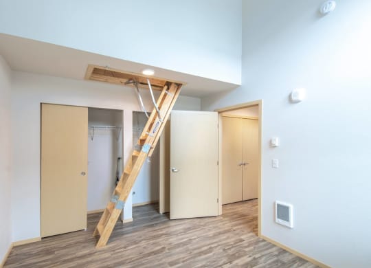 a loft with a ladder in a room with doors