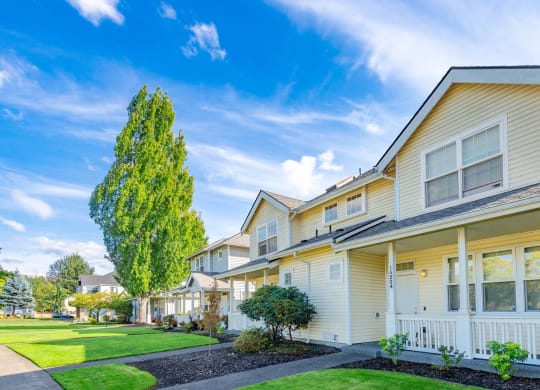 a row of houses with grass and trees in front of them