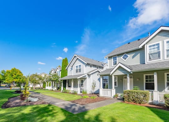 a row of houses with lawns and trees