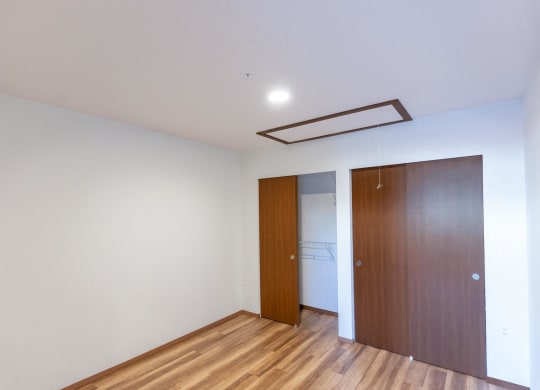 an empty room with a wardrobe and a door