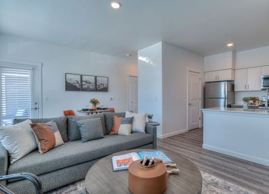 a living room and kitchen with a couch and a coffee table