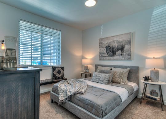 a bedroom with a bed and a dresser and a window