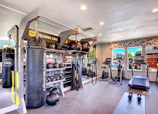 Resident Fitness Center With Treadmills, an Elliptical, a Punching Bag, and Handweights at Clock Tower Village, DuPont, WA