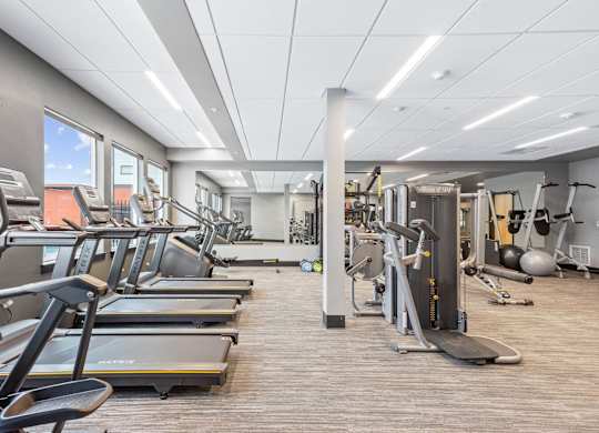 a gym with cardio equipment and weights on the floor