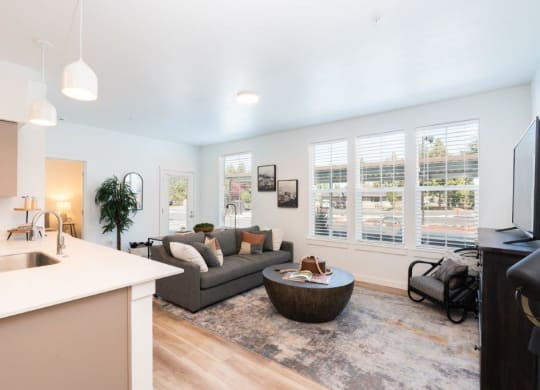 a living room and kitchen with a couch and a table