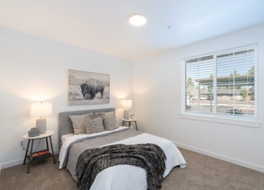 a bedroom with a bed and a window