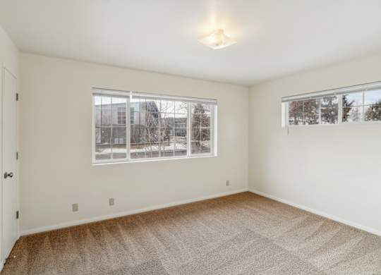 A room with a carpeted floor and two windows.