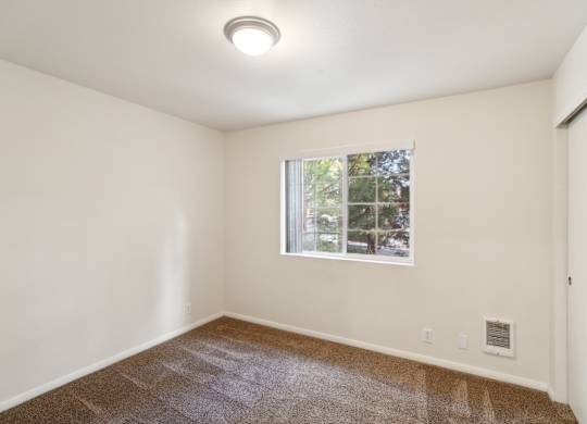 A room with a window and carpeted floor.
