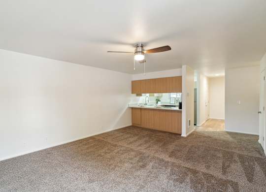 A room with a ceiling fan and a carpeted floor.