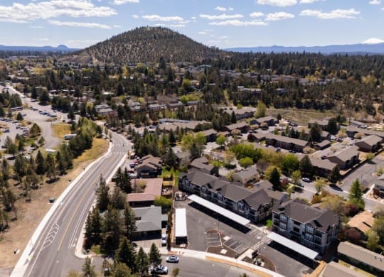 an aerial view of a city with a mountain in the background