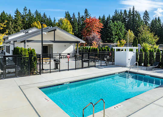 A swimming pool in a backyard with a house and trees in the background.