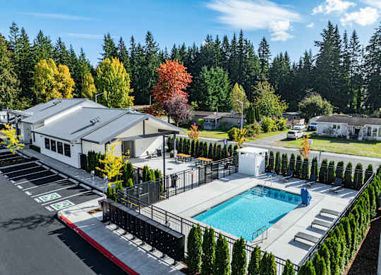 A swimming pool surrounded by trees and a building in the background.