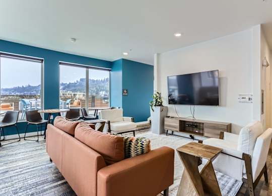 A living room with a brown couch and a television.