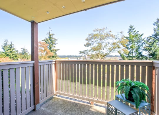 a balcony with a view of a lake and a deck with a plant