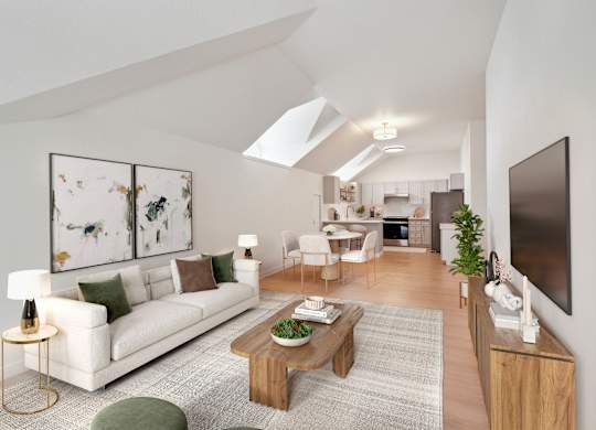 A modern living room with a white sofa, a coffee table, and a TV on the wall.