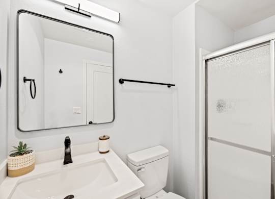 a bathroom with a sink and a mirror and a shower