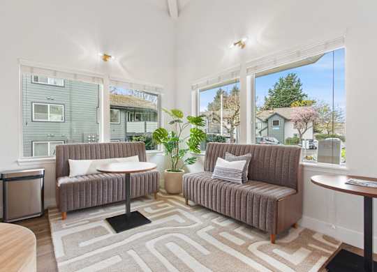A living room with a grey couch and a rug.