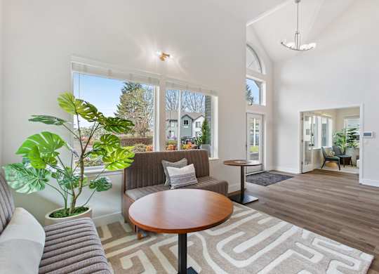 A living room with a grey couch, a brown table, and a rug with a geometric pattern.