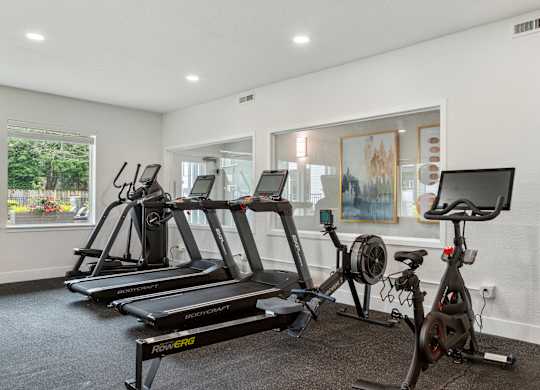 A home gym with a treadmill, rowing machine, and exercise bike.