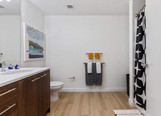 A bathroom with a toilet, sink, and a painting on the wall.