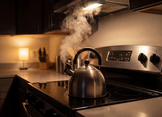 A stove with a kettle on it is lit by a small lamp.