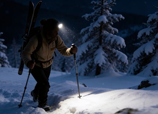 A person is skiing in the snow at night.