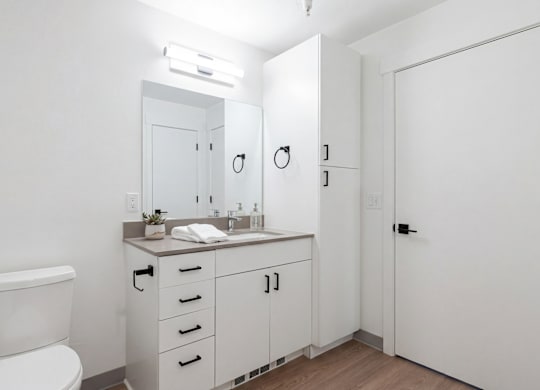 A white bathroom with a toilet, sink, and cabinets.