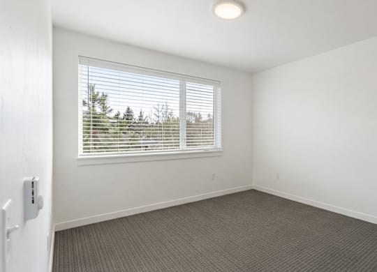 A room with a window covered by white blinds.