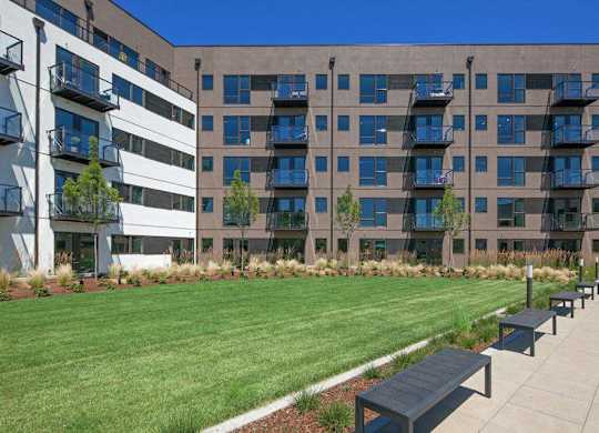 A grassy area with benches in front of apartment buildings.
