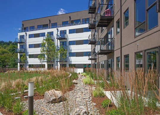 A modern building with a garden in front.