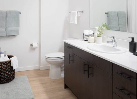 A bathroom with a white sink and a white toilet.
