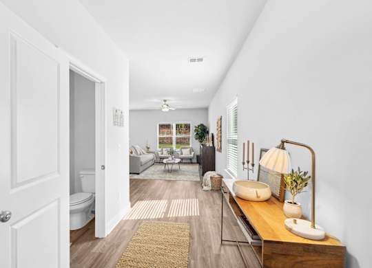A hallway with a white door and a brown rug.